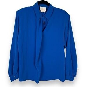 Pendleton Womens Size XL‎ Blue Secretary Blouse Vintage 80s Tie Neck Made in USA